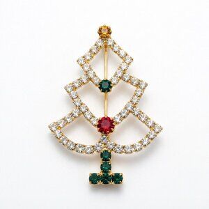 Clear Rhinestone Outline Red Green Goldtone Christmas Tree Holiday Brooch EUC
